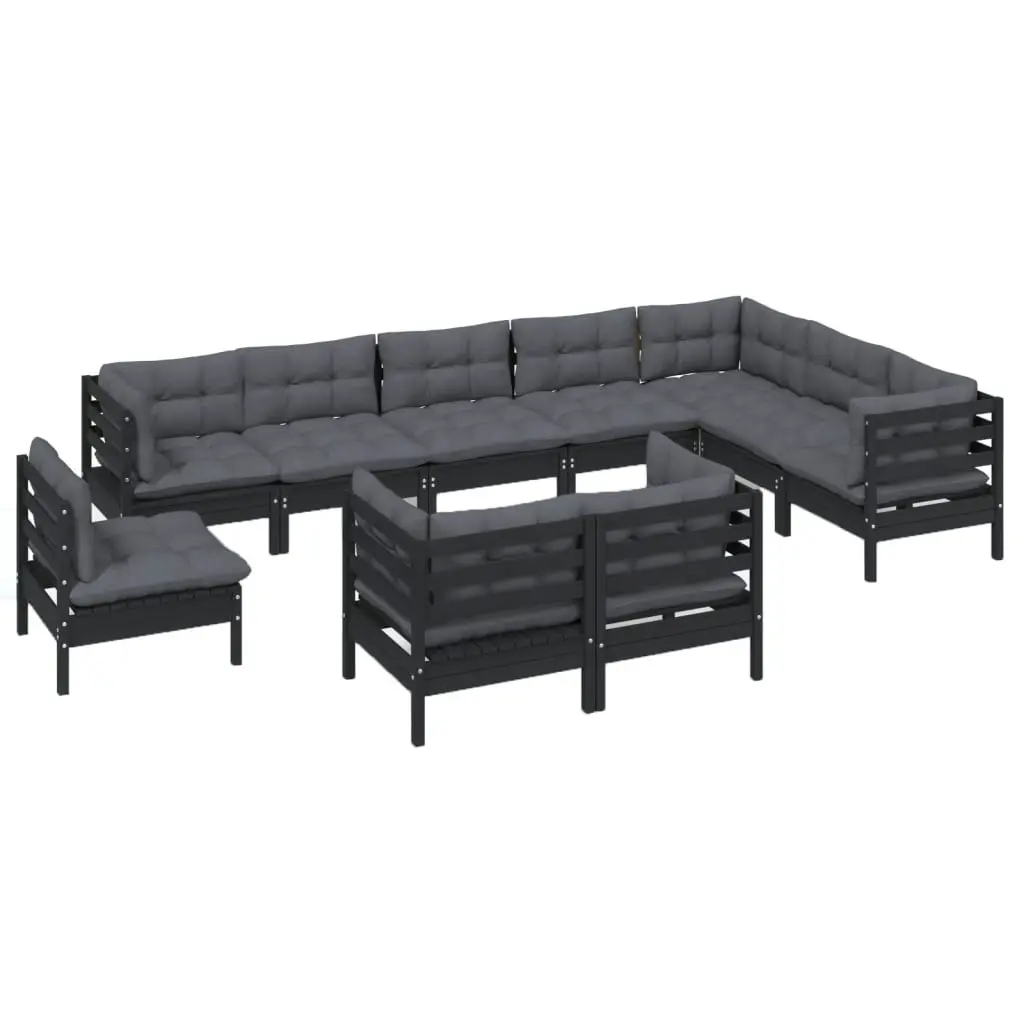 10 Piece Garden Lounge Set with Cushions Black Solid Pinewood 3096783