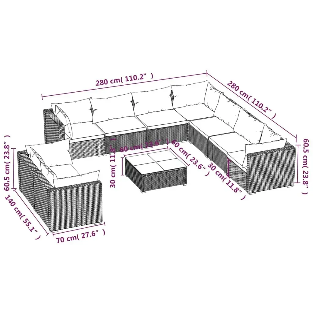 10 Piece Garden Lounge Set with Cushions Brown Poly Rattan 3102507