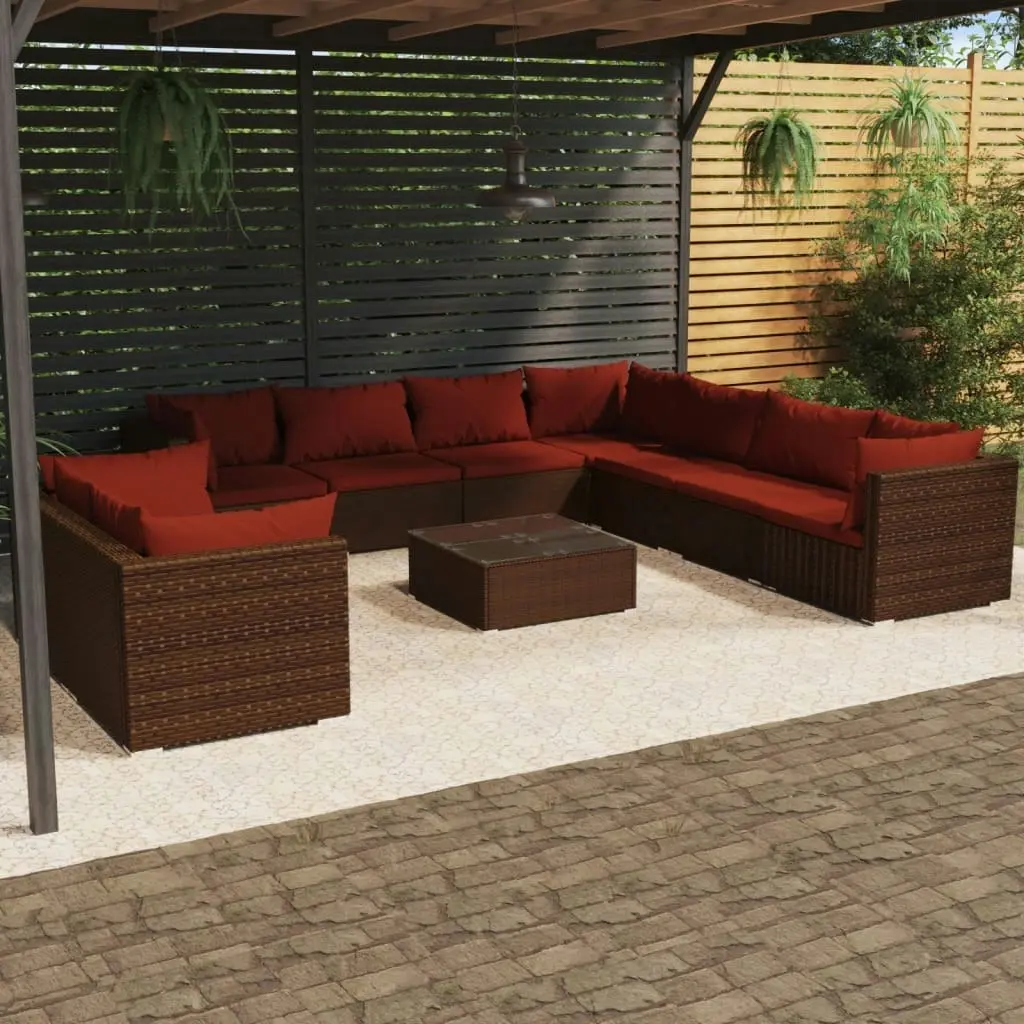 10 Piece Garden Lounge Set with Cushions Brown Poly Rattan 3102507