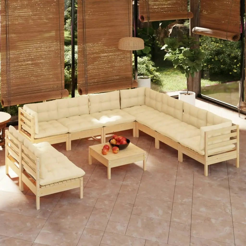 10 Piece Garden Lounge Set with Cream Cushions Solid Pinewood 3096833