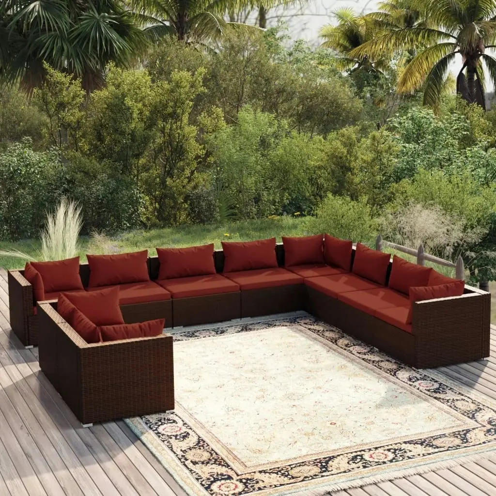 10 Piece Garden Lounge Set with Cushions Brown Poly Rattan 3102515