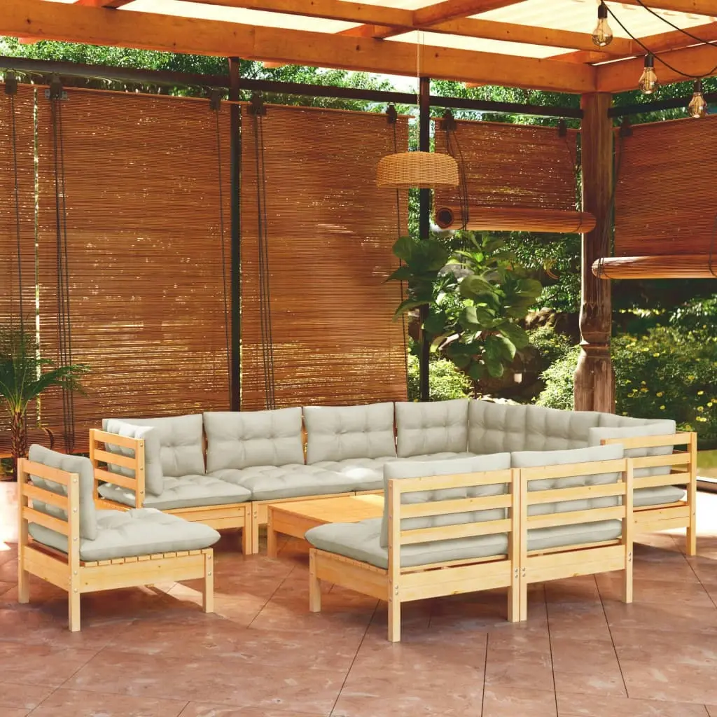 10 Piece Garden Lounge Set with Cream Cushions Solid Pinewood 3096749