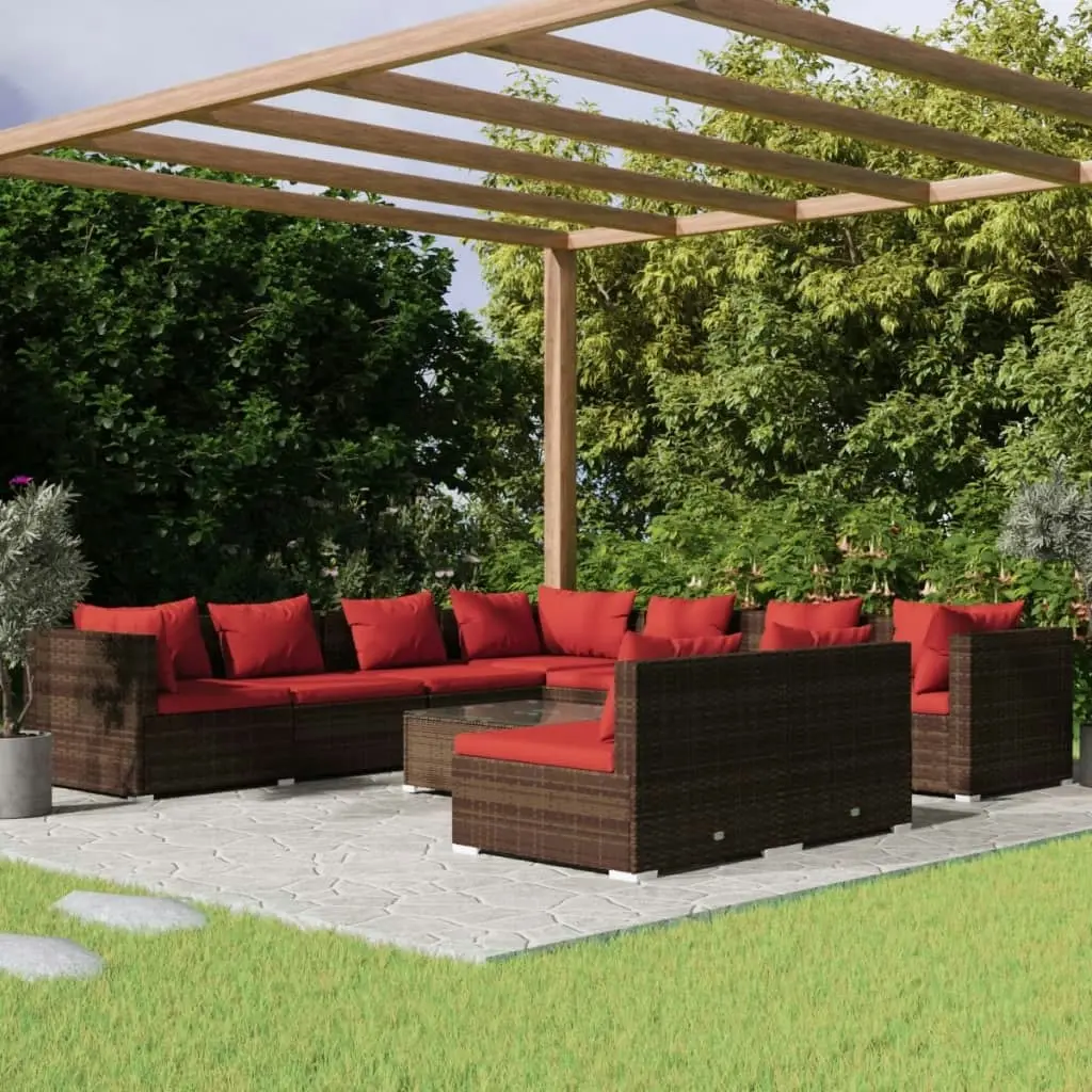 10 Piece Garden Lounge Set with Cushions Brown Poly Rattan 3102427