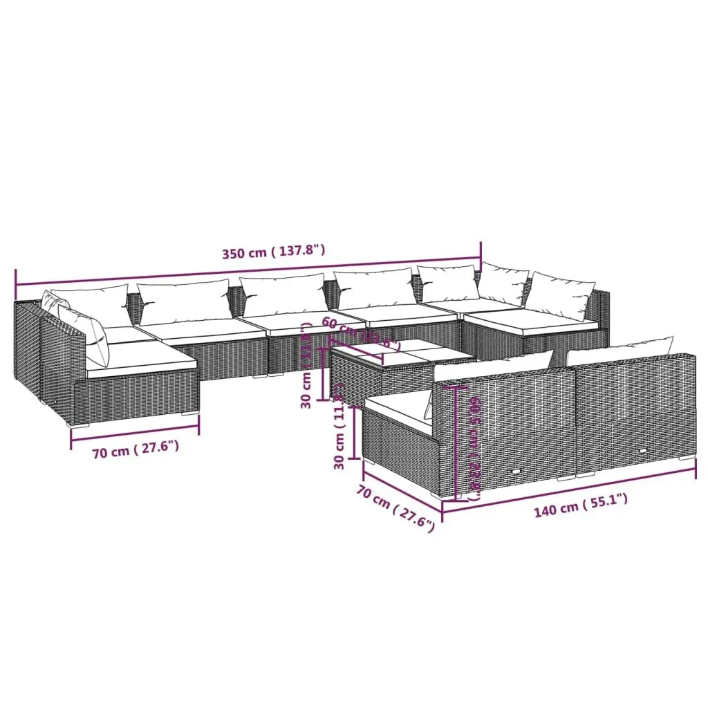 10 Piece Garden Lounge Set with Cushions Grey Poly Rattan 3102038