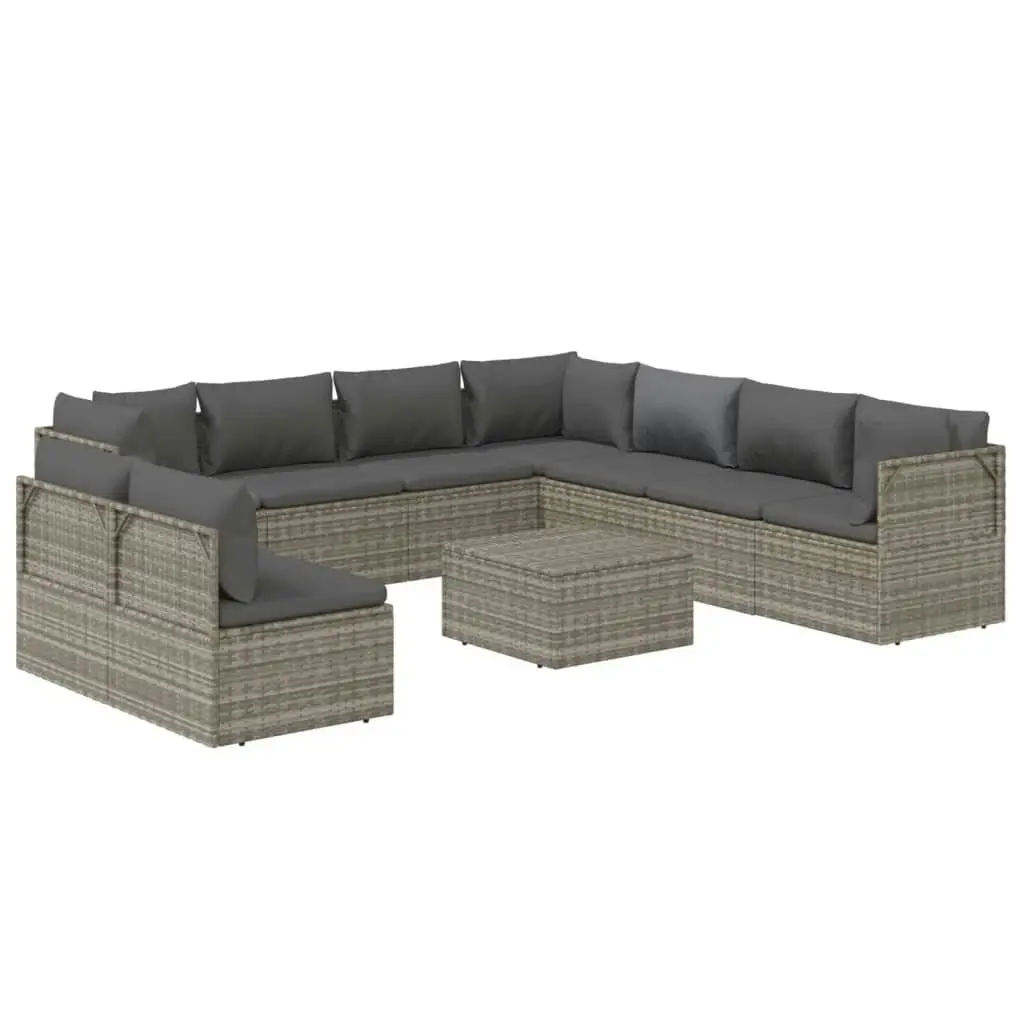 10 Piece Garden Lounge Set with Cushions Grey Poly Rattan 3157449