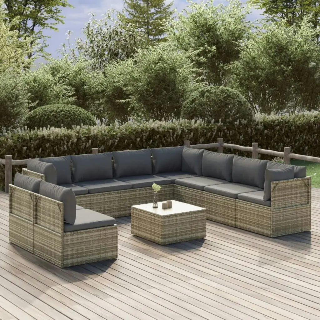 10 Piece Garden Lounge Set with Cushions Grey Poly Rattan 3157449