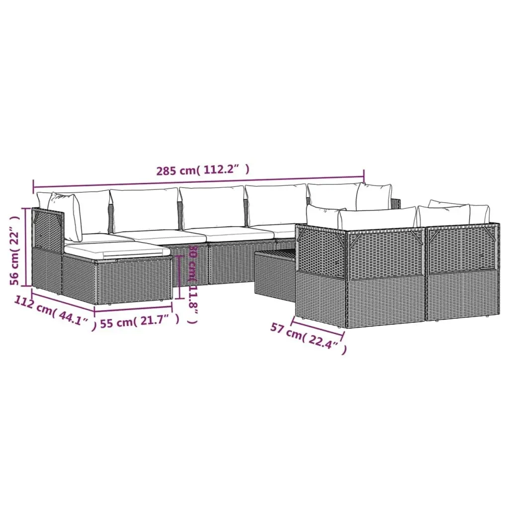 10 Piece Garden Lounge Set with Cushions Grey Poly Rattan 3157350