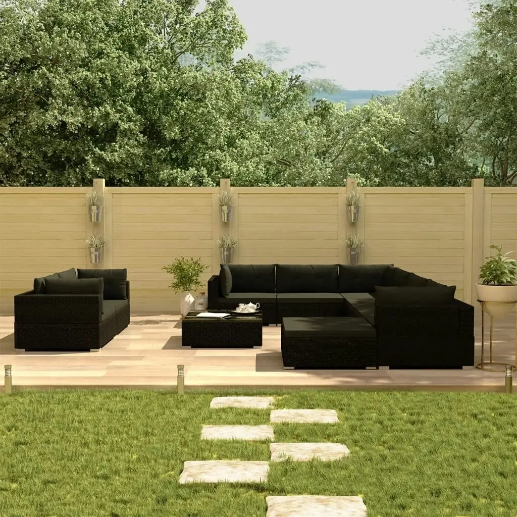 10 Piece Garden Lounge Set with Cushions Poly Rattan Black 46755