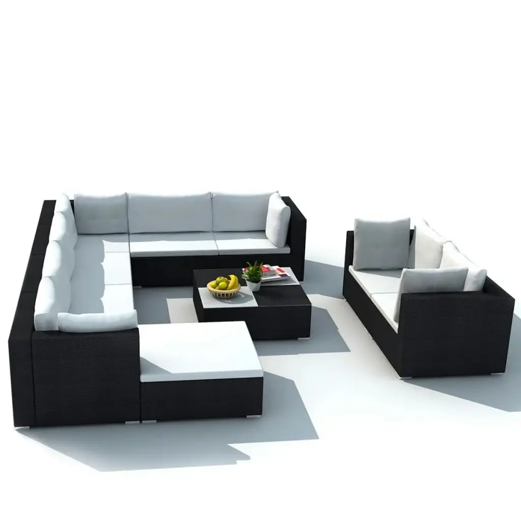 10 Piece Garden Lounge Set with Cushions Poly Rattan Black 41876