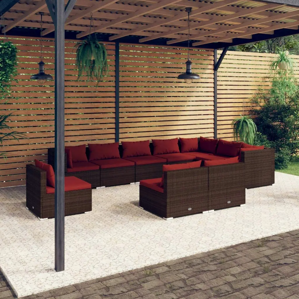 10 Piece Garden Lounge Set with Cushions Poly Rattan Brown 3102595