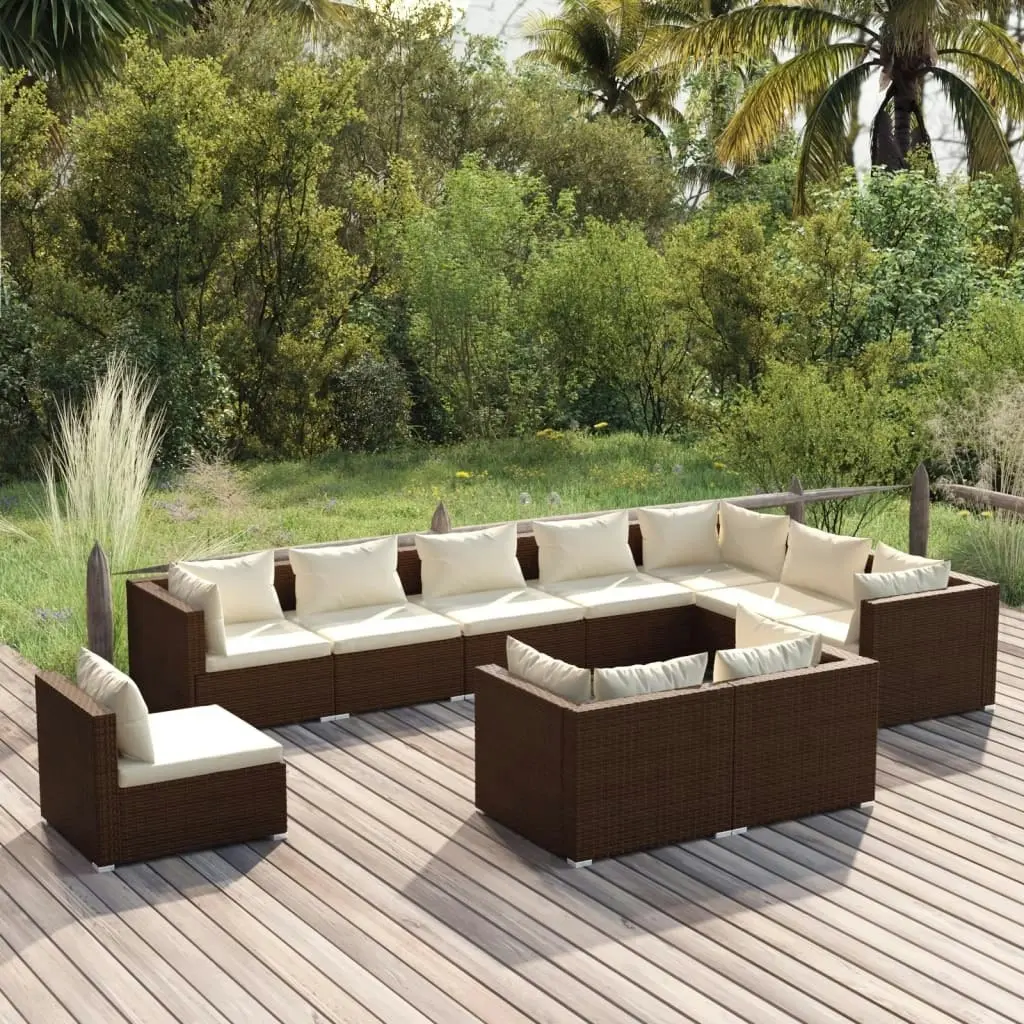 10 Piece Garden Lounge Set with Cushions Poly Rattan Brown 3102658