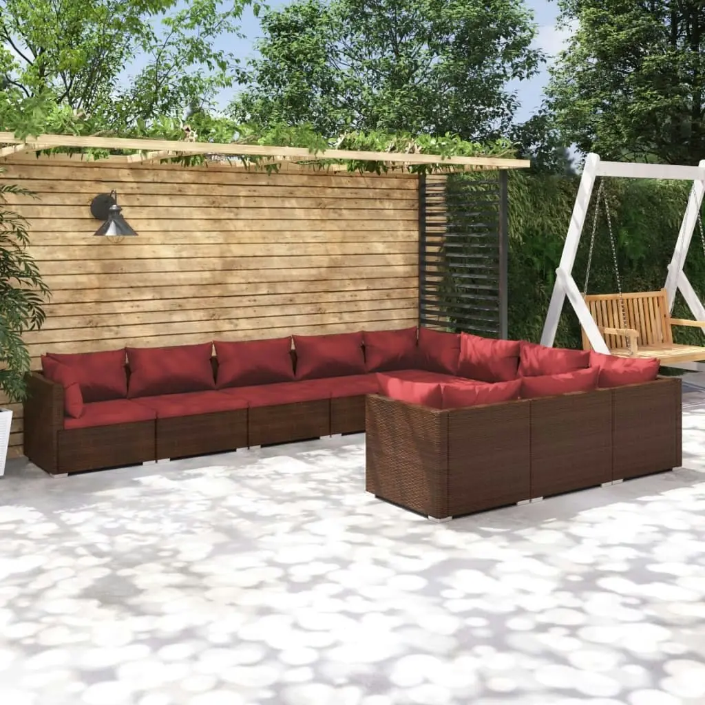 10 Piece Garden Lounge Set with Cushions Poly Rattan Brown 3102779