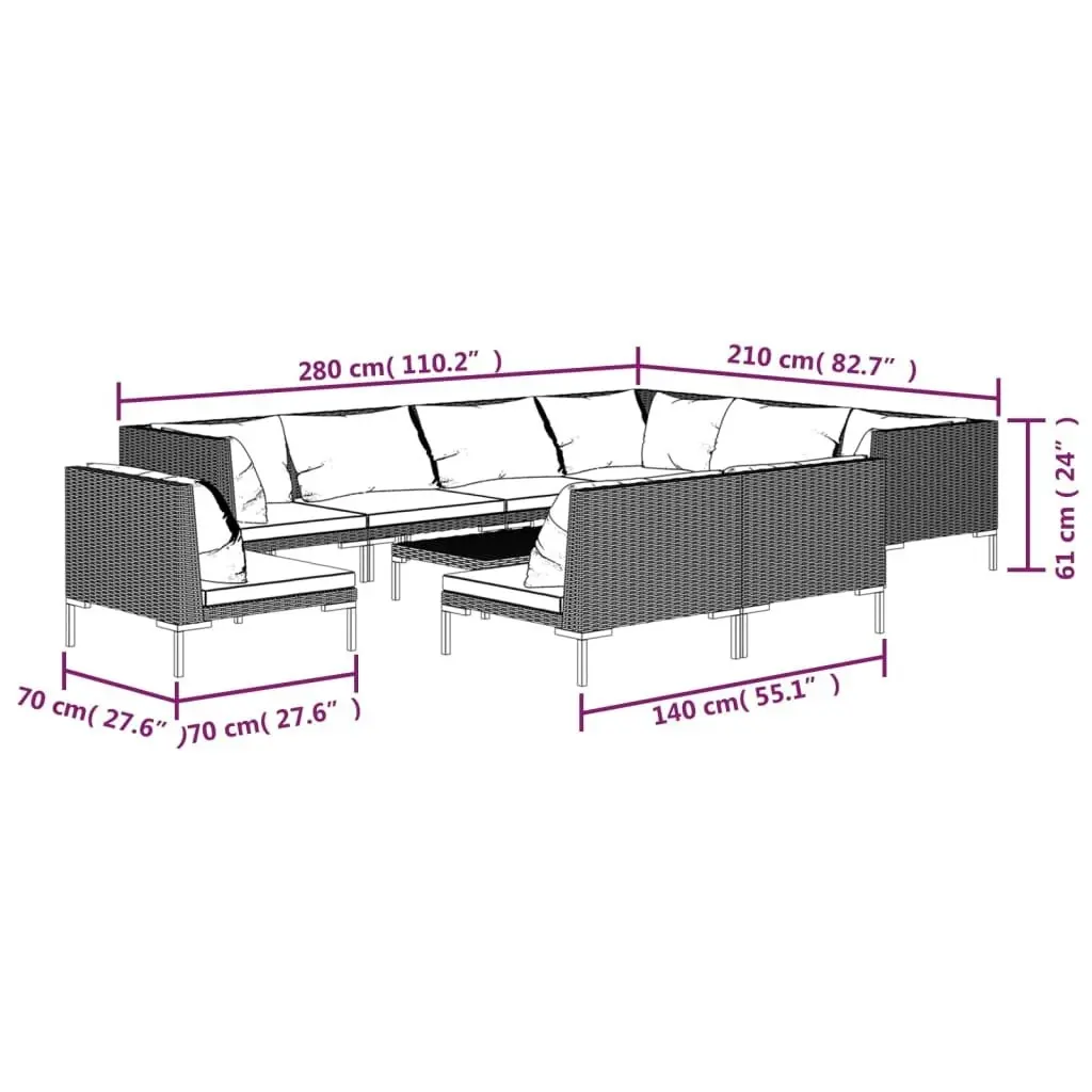 10 Piece Garden Lounge Set with Cushions Poly Rattan Dark Grey 3099877