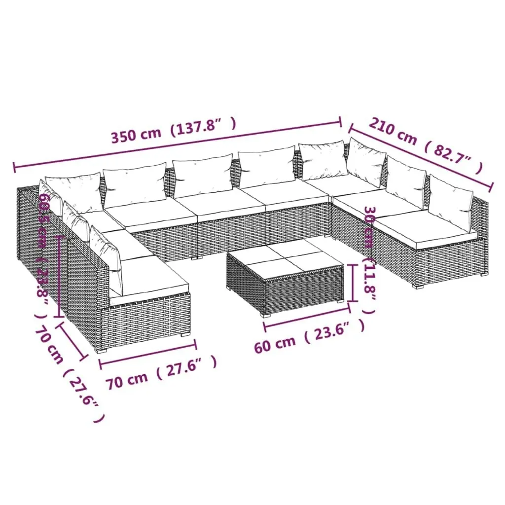 10 Piece Garden Lounge Set with Cushions Poly Rattan Grey 3101918