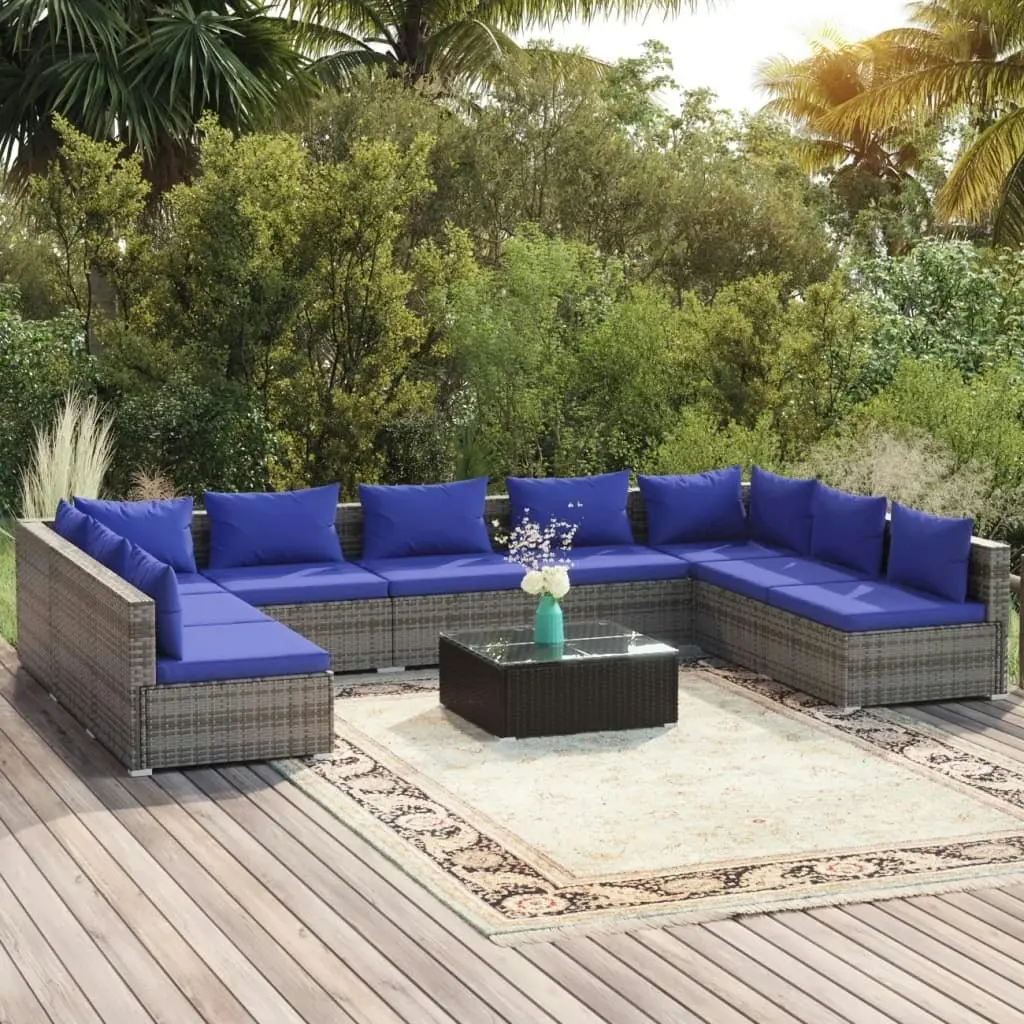 10 Piece Garden Lounge Set with Cushions Poly Rattan Grey 3101918