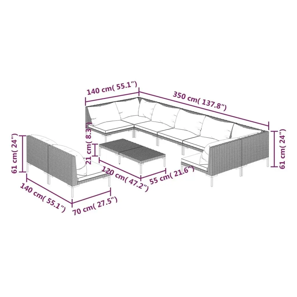 10 Piece Garden Lounge Set with Cushions Poly Rattan Dark Grey 3099935