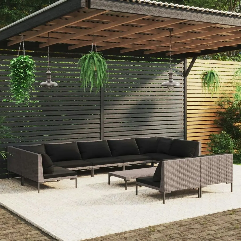 10 Piece Garden Lounge Set with Cushions Poly Rattan Dark Grey 3099935