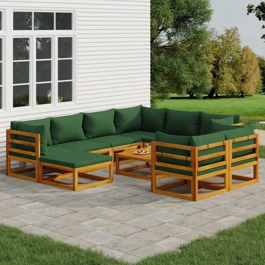 10 Piece Garden Lounge Set with Green Cushions Solid Wood 3155323