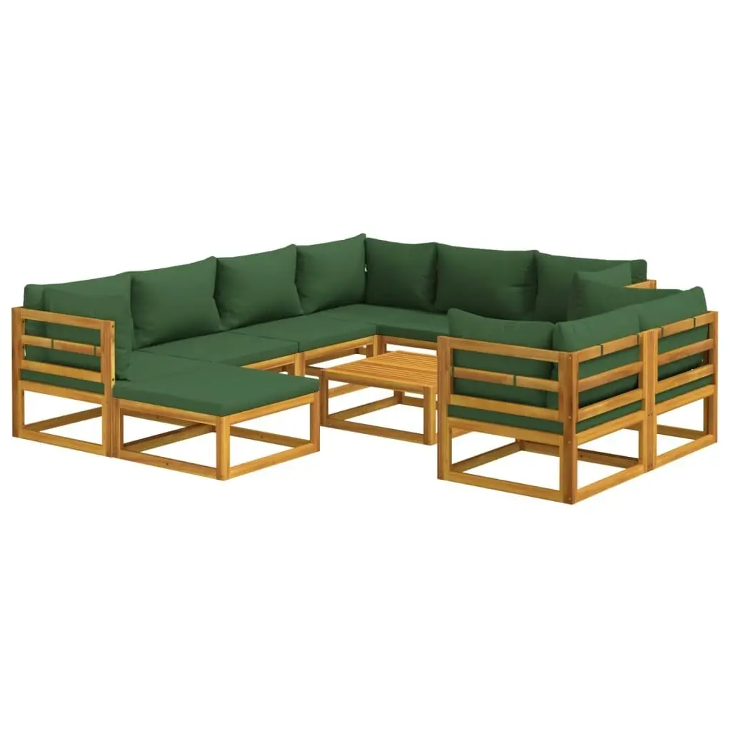 10 Piece Garden Lounge Set with Green Cushions Solid Wood 3155323