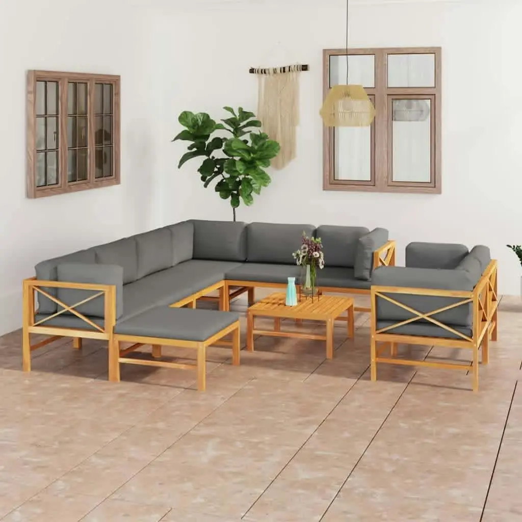 10 Piece Garden Lounge Set with Grey Cushions Solid Teak Wood 3087227