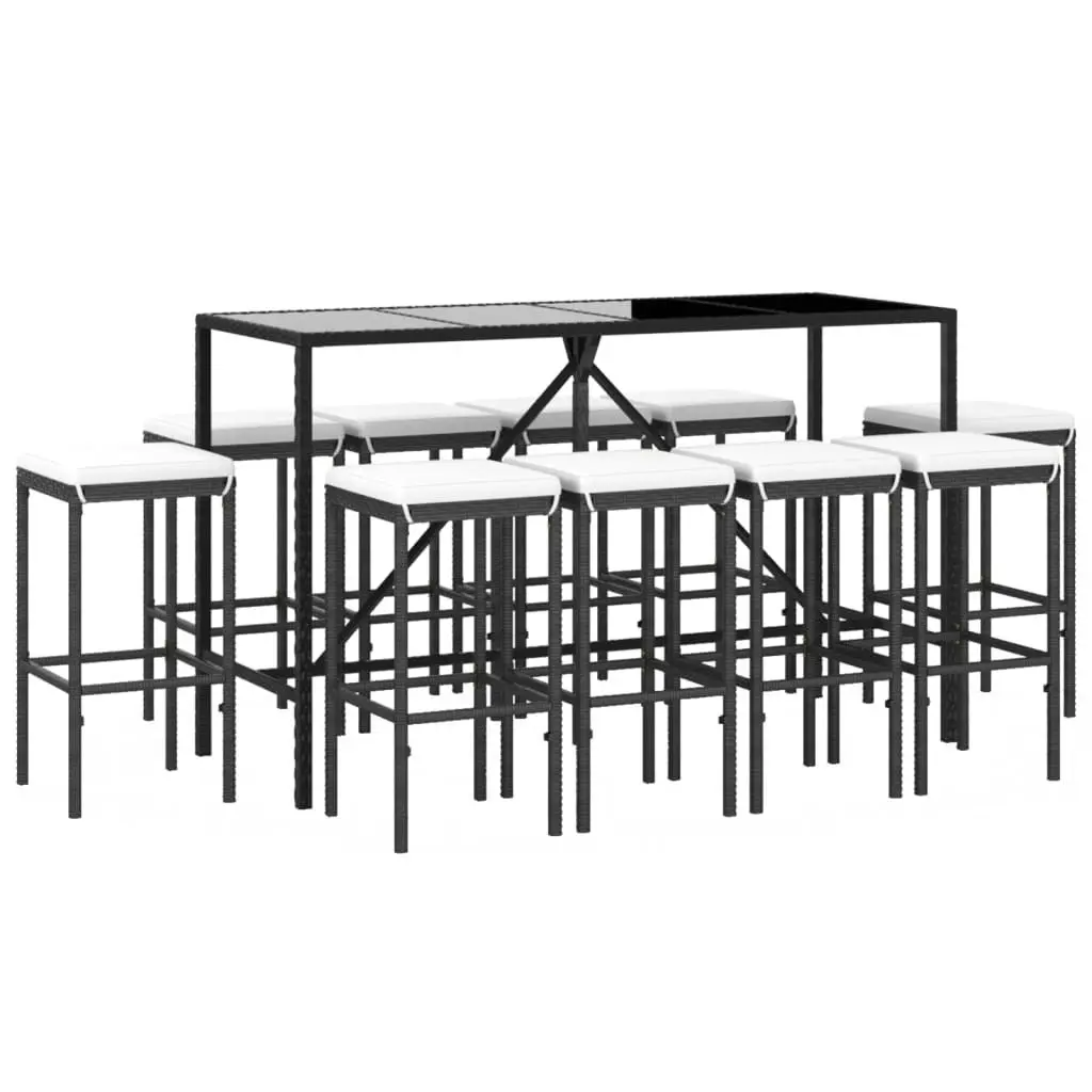 11 Piece Garden Bar Set with Cushions Black Poly Rattan 3187639