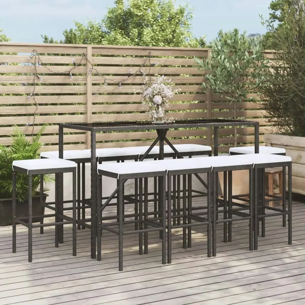 11 Piece Garden Bar Set with Cushions Black Poly Rattan 3187639