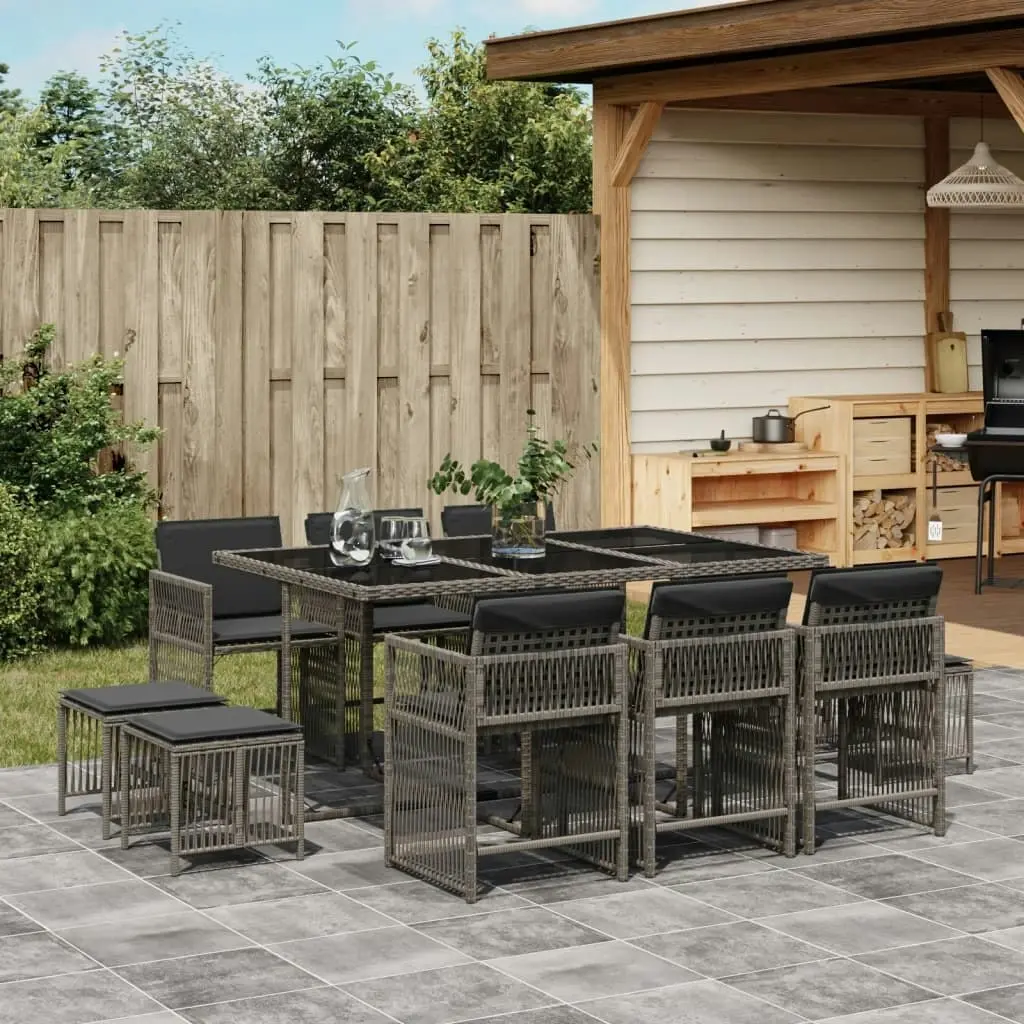 11 Piece Garden Dining Set with Cushions Grey Poly Rattan 3211688