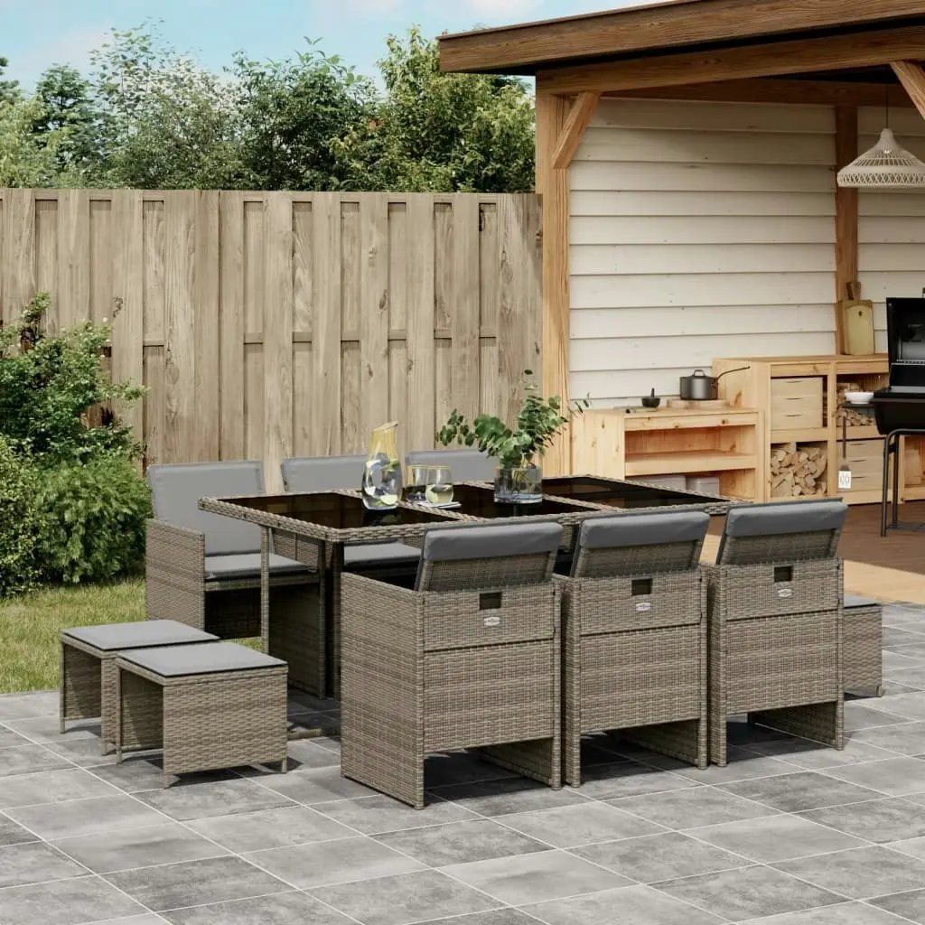 11 Piece Garden Dining Set with Cushions Grey Poly Rattan 3210608