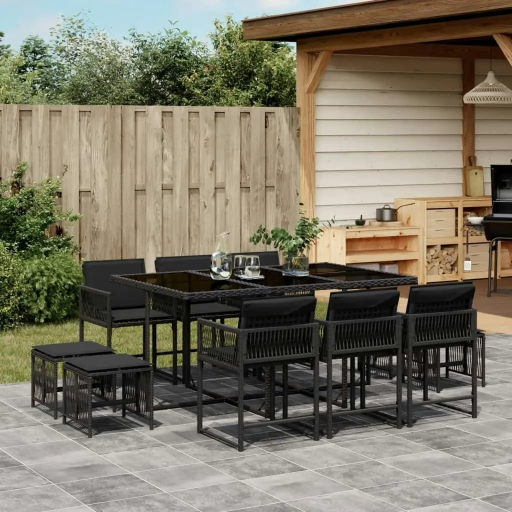 11 Piece Garden Dining Set with Cushions Black Poly Rattan 3211507