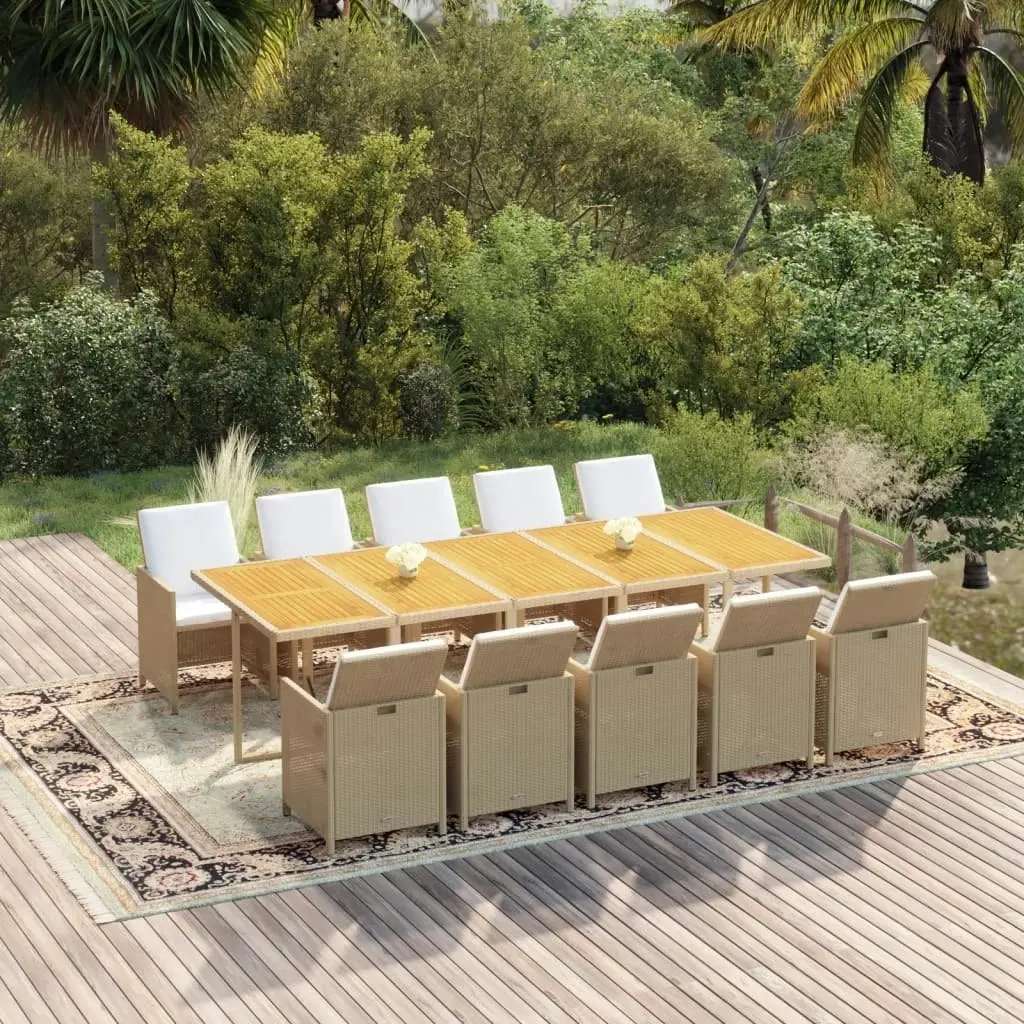 11 Piece Garden Dining Set with Cushions Poly Rattan Beige 3095608