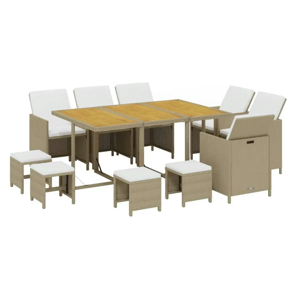 11 Piece Garden Dining Set with Cushions Poly Rattan Beige 3095556