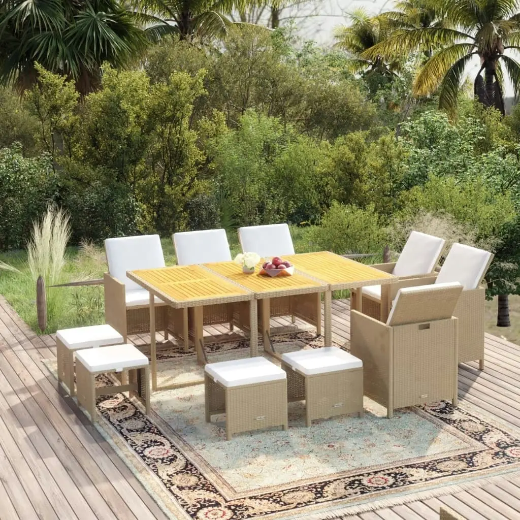 11 Piece Garden Dining Set with Cushions Poly Rattan Beige 3095556