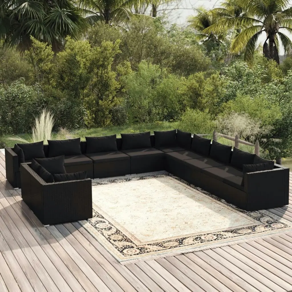 11 Piece Garden Lounge Set with Cushions Black Poly Rattan 3102528