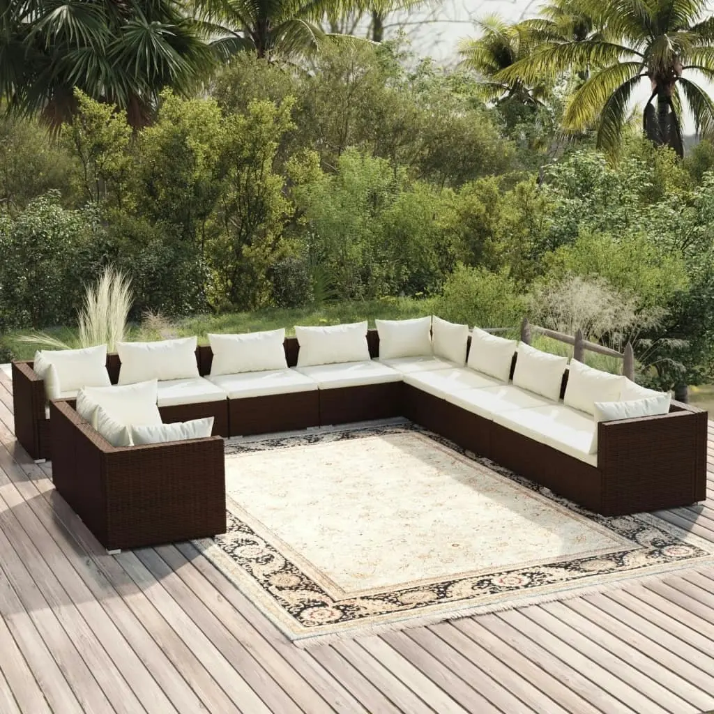 11 Piece Garden Lounge Set with Cushions Brown Poly Rattan 3102530