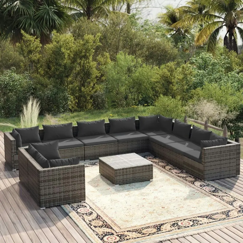 11 Piece Garden Lounge Set with Cushions Grey Poly Rattan 3102525