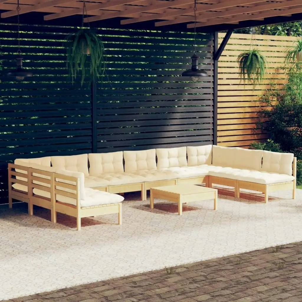 11 Piece Garden Lounge Set with Cream Cushions Solid Pinewood 3097193