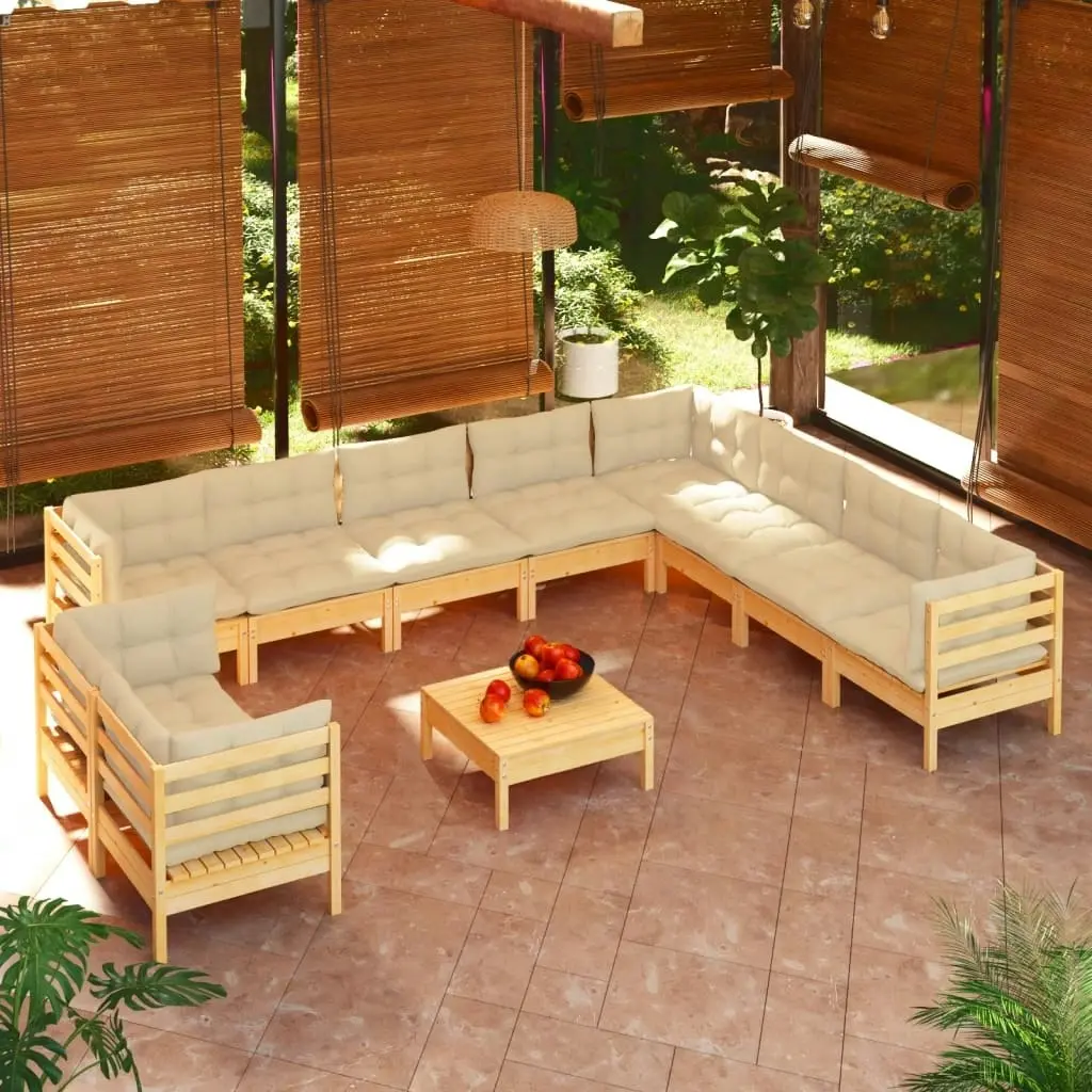 11 Piece Garden Lounge Set with Cream Cushions Solid Pinewood 3096917