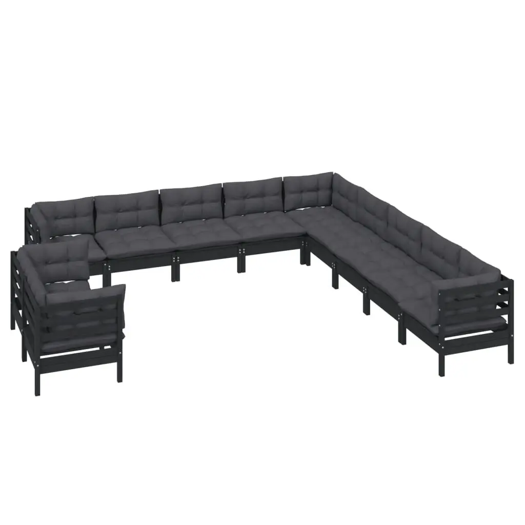 11 Piece Garden Lounge Set with Cushions Black Solid Pinewood 3096927