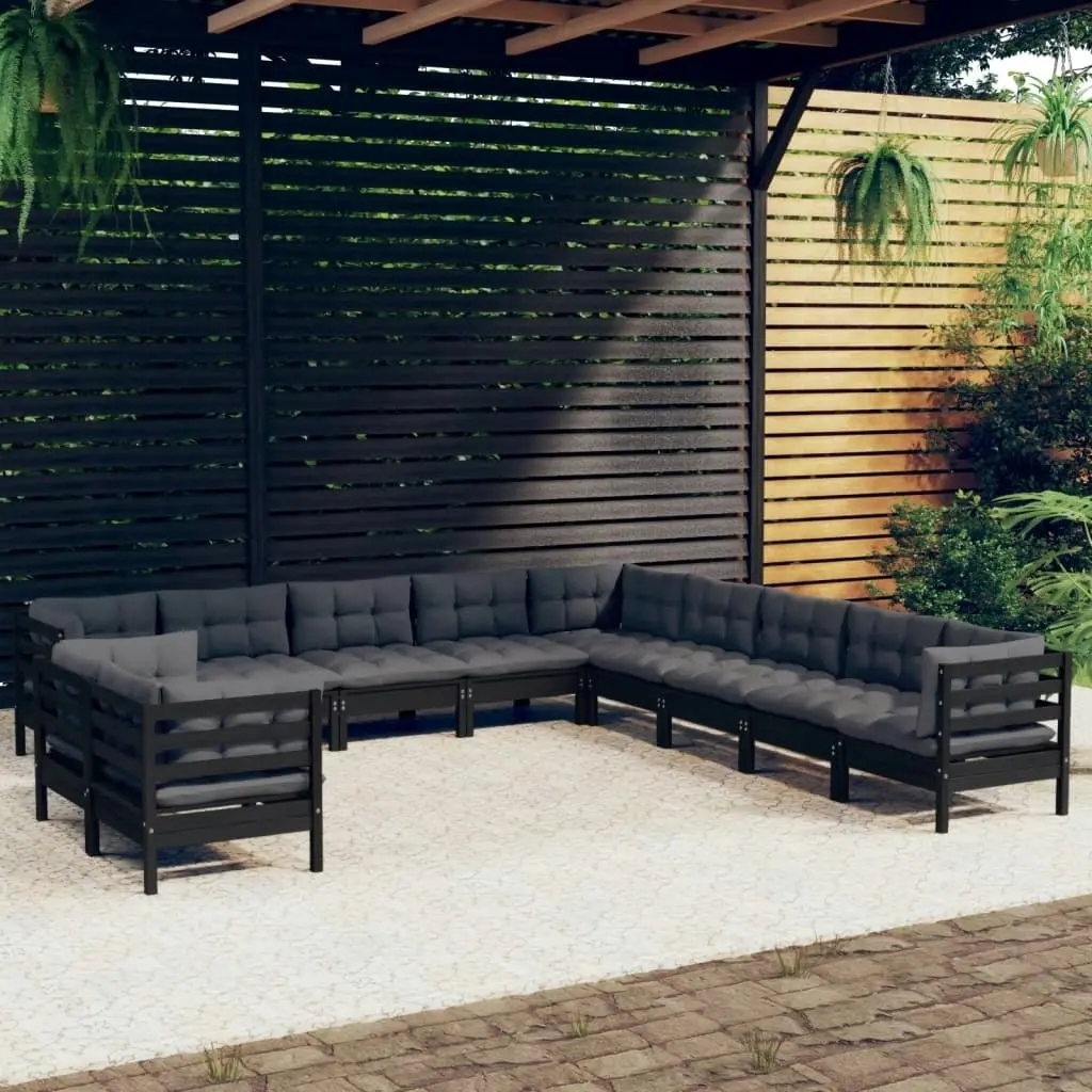 11 Piece Garden Lounge Set with Cushions Black Solid Pinewood 3096927