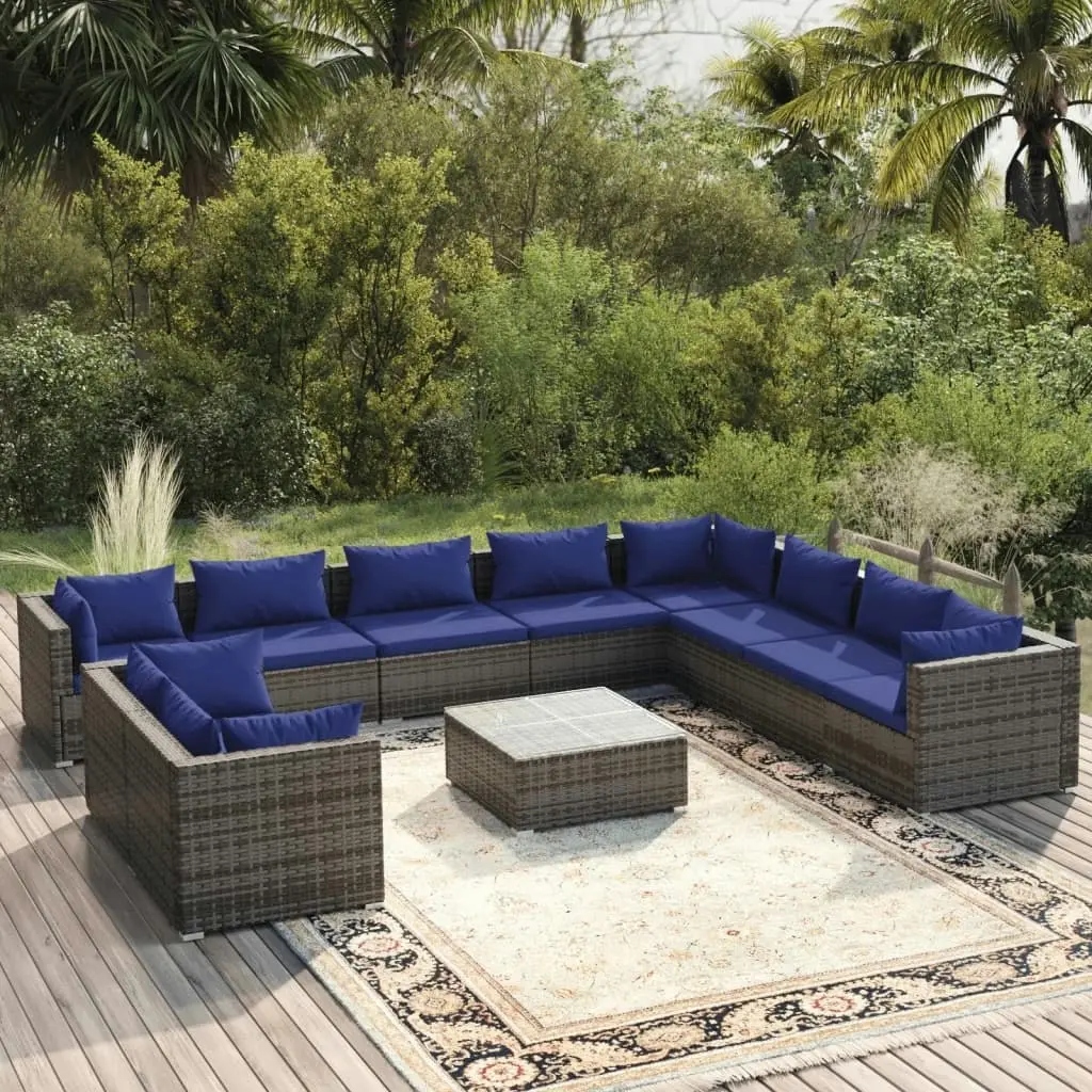 11 Piece Garden Lounge Set with Cushions Grey Poly Rattan 3102526