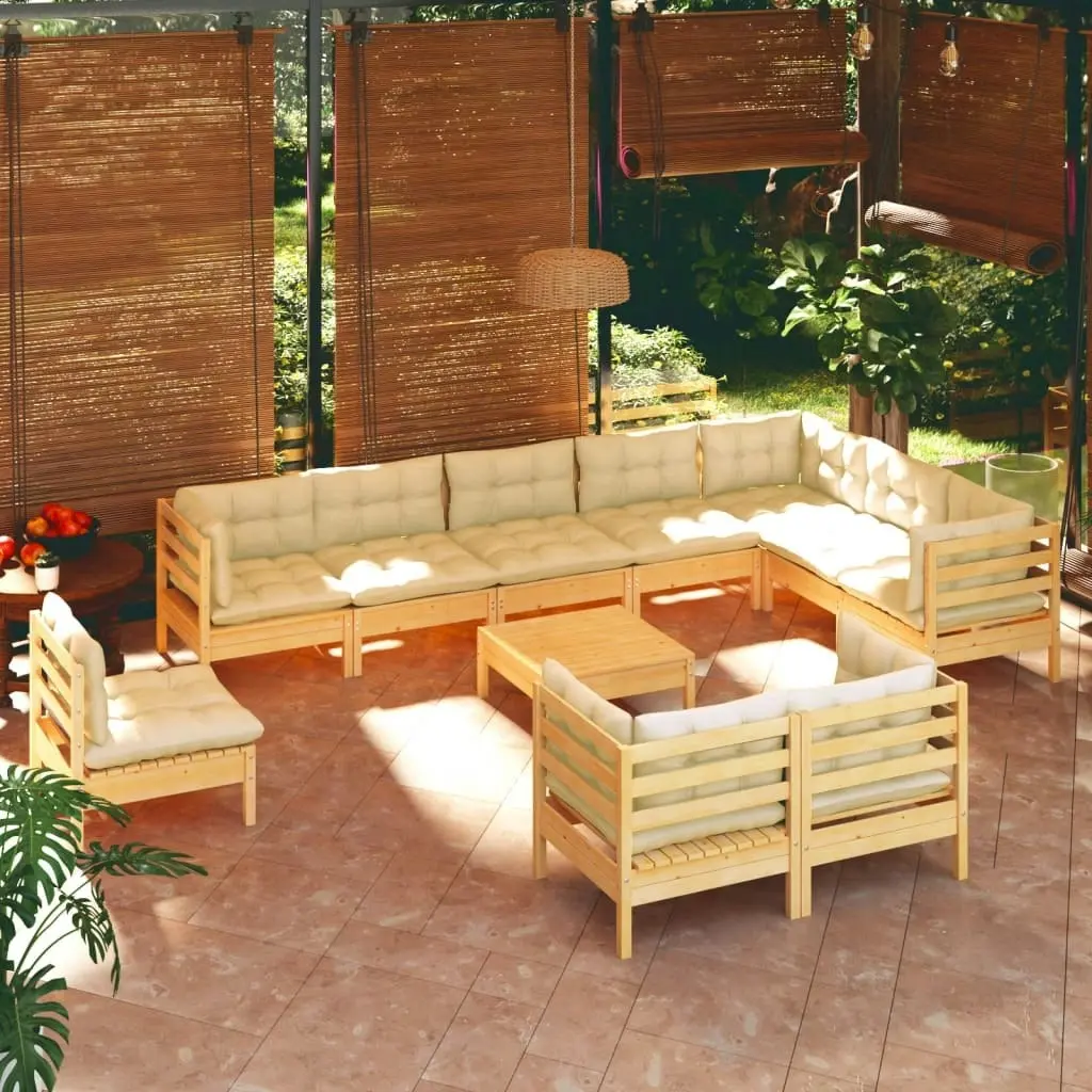 11 Piece Garden Lounge Set with Cream Cushions Solid Pinewood 3096785