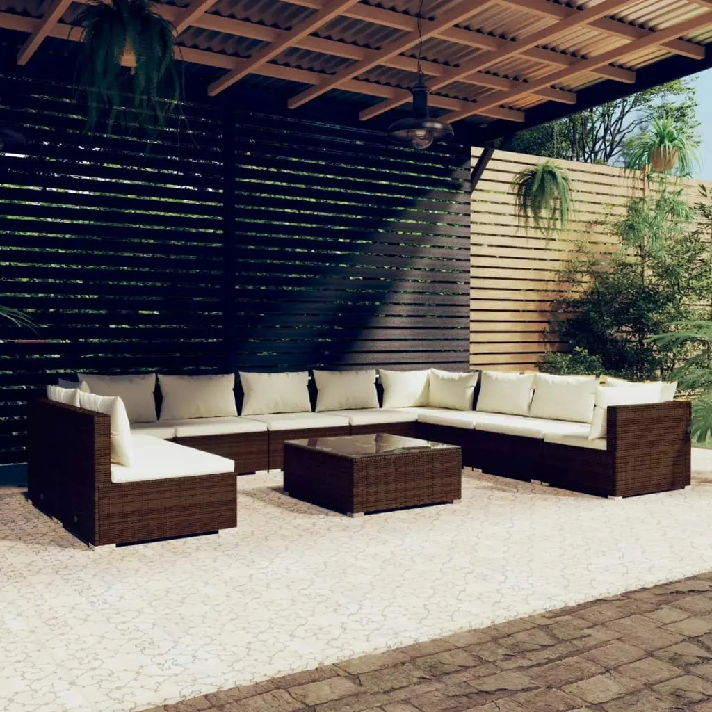 11 Piece Garden Lounge Set with Cushions Brown Poly Rattan 3102442