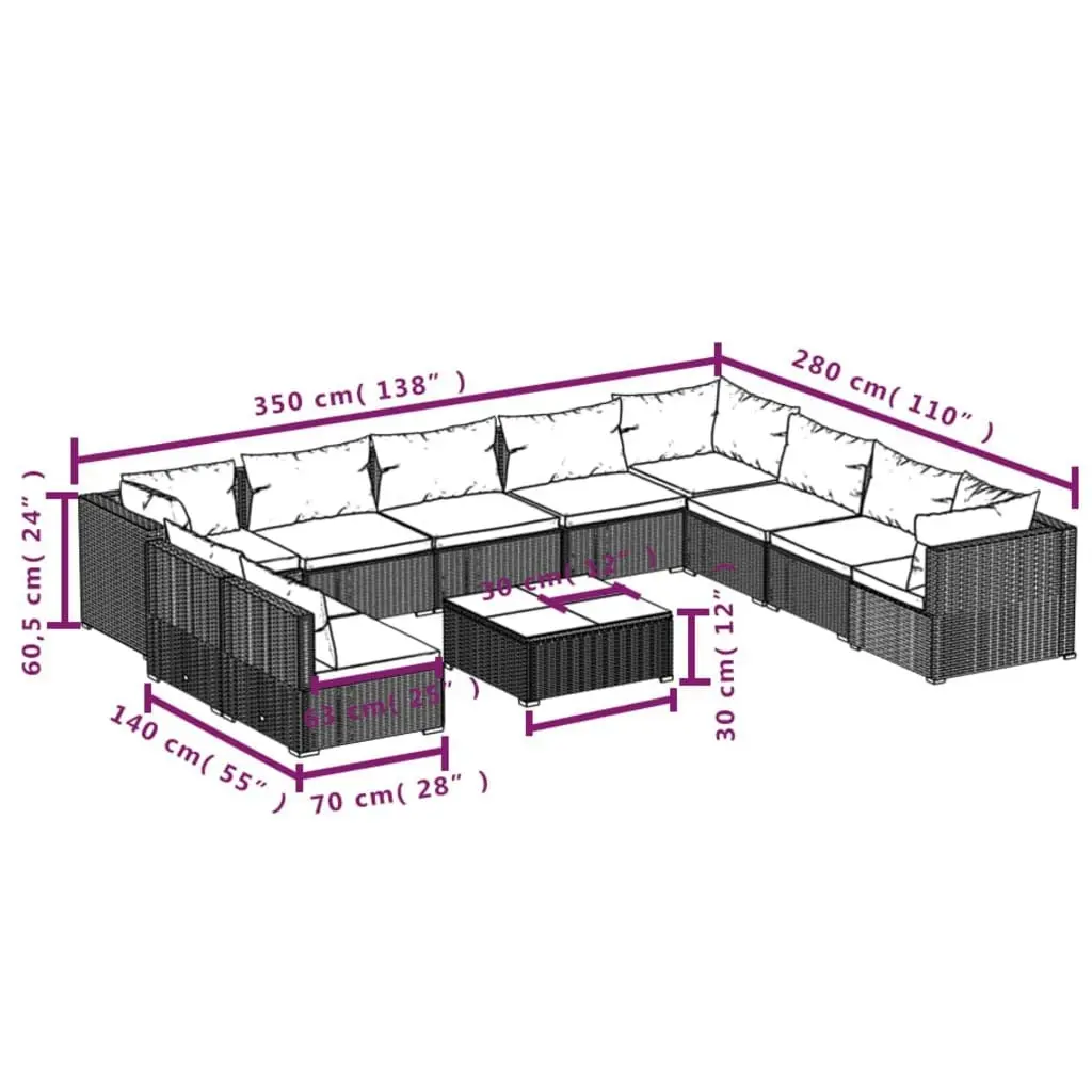 11 Piece Garden Lounge Set with Cushions Brown Poly Rattan 3102442