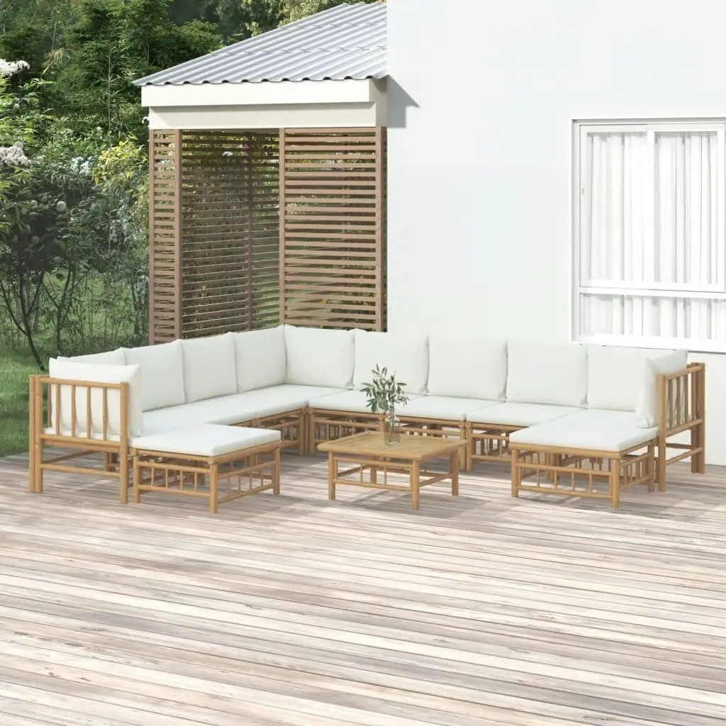 11 Piece Garden Lounge Set with Cream White Cushions  Bamboo 3155193