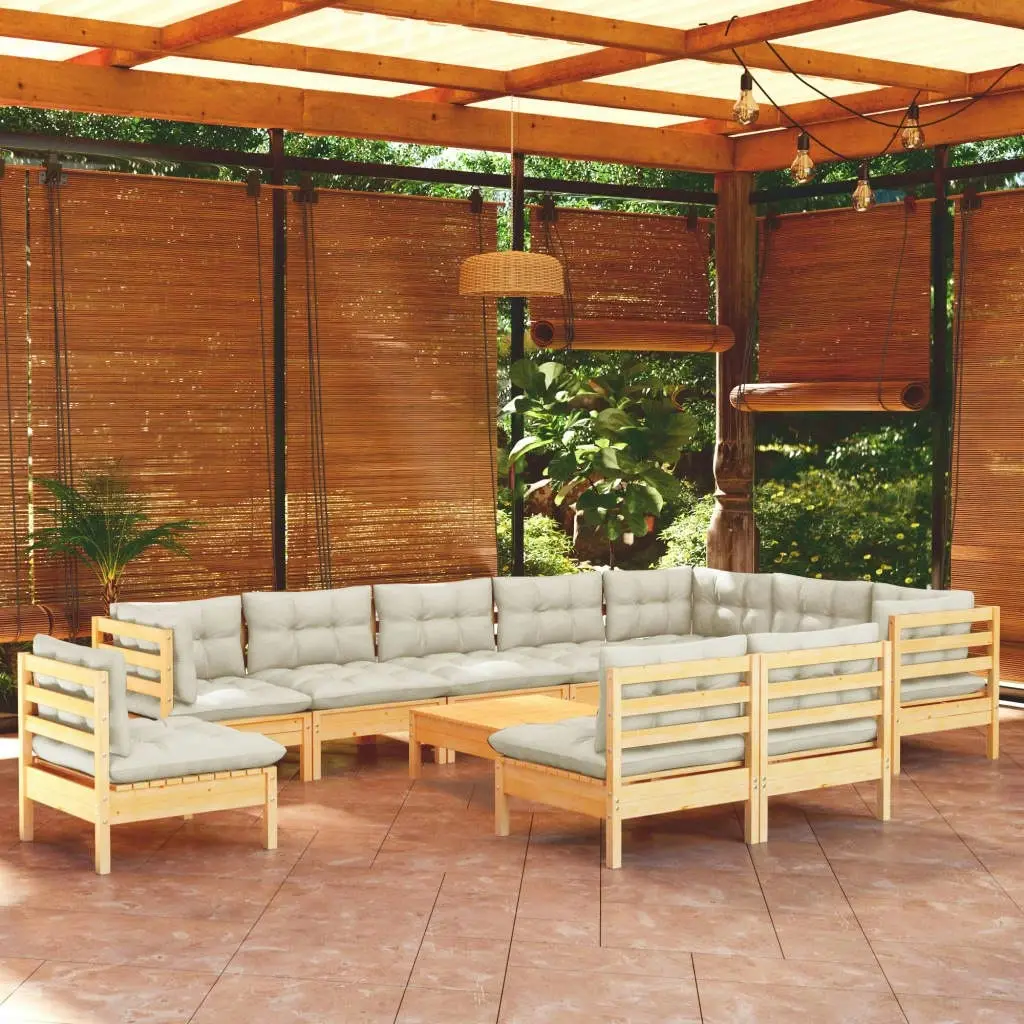 11 Piece Garden Lounge Set with Cream Cushions Solid Pinewood 3096761