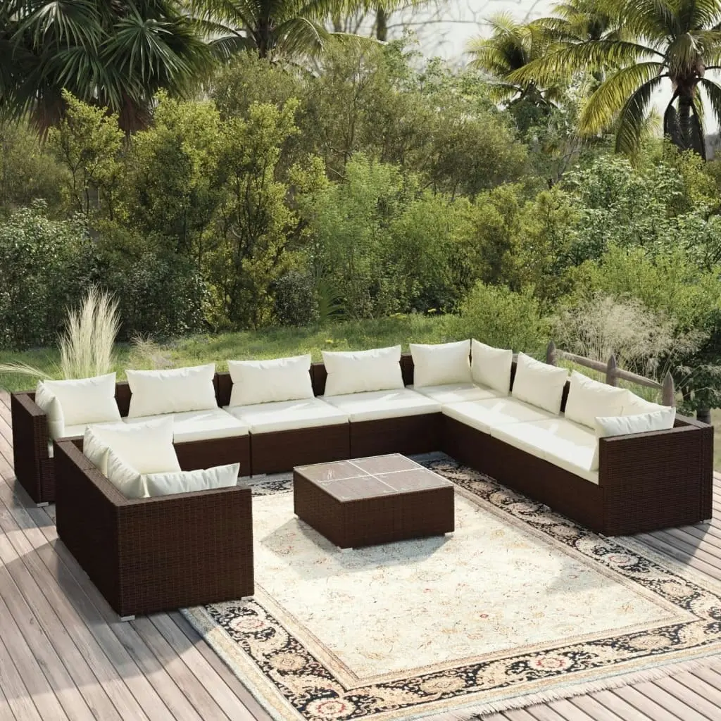 11 Piece Garden Lounge Set with Cushions Brown Poly Rattan 3102522