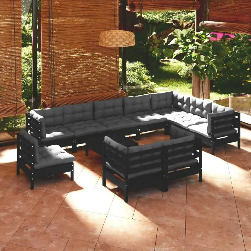 11 Piece Garden Lounge Set with Cushions Black Solid Pinewood 3096789