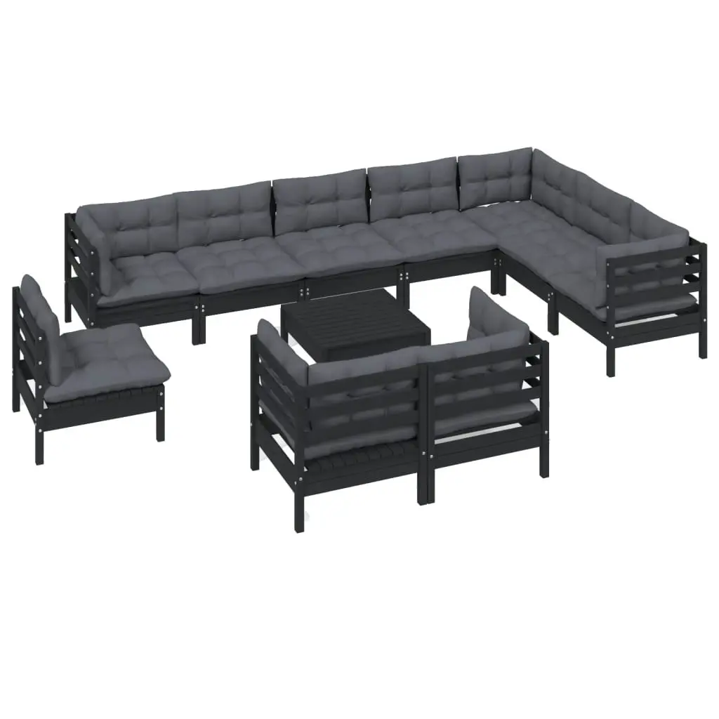 11 Piece Garden Lounge Set with Cushions Black Solid Pinewood 3096789