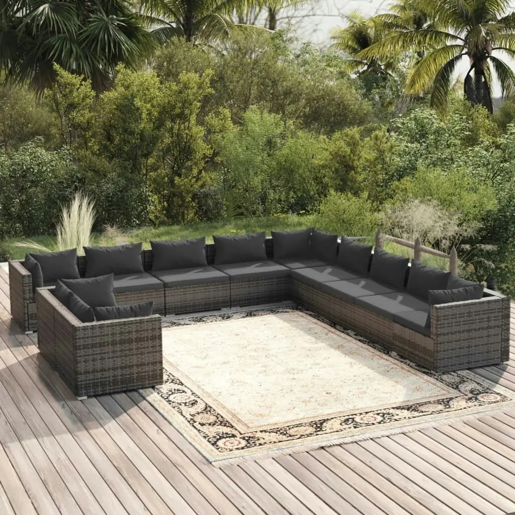 11 Piece Garden Lounge Set with Cushions Grey Poly Rattan 3102533