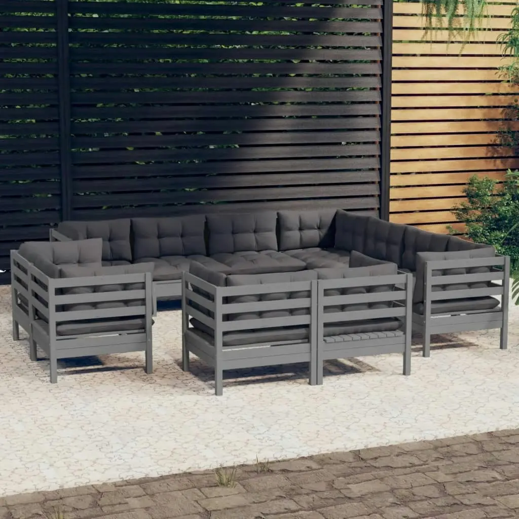 11 Piece Garden Lounge Set with Cushions Grey Solid Pinewood 3096937